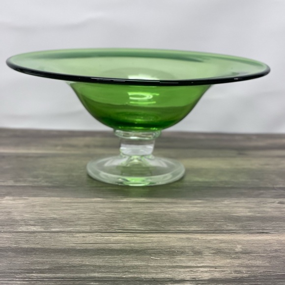 Vintage Mid-Century Italian Empoli Green Glass Tazza Compote Clear Foot Bowl 11" - Picture 3 of 9